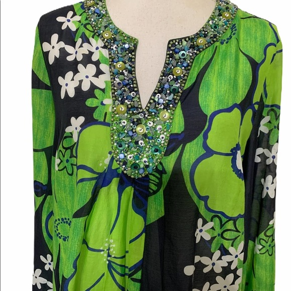 Lafayette 148 Green Mod Floral Print Beaded Tunic - Picture 15 of 15